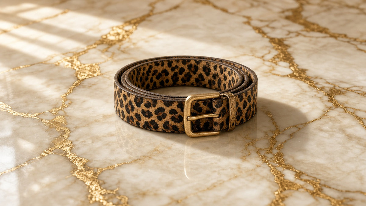 Wild Side Leopard Belt on cream marble with gold veining
