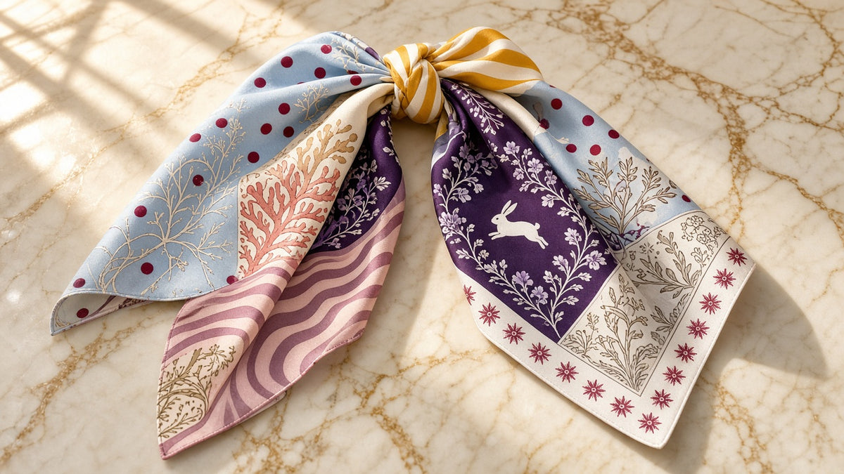 Violet Field Scarf on cream marble with gold veining